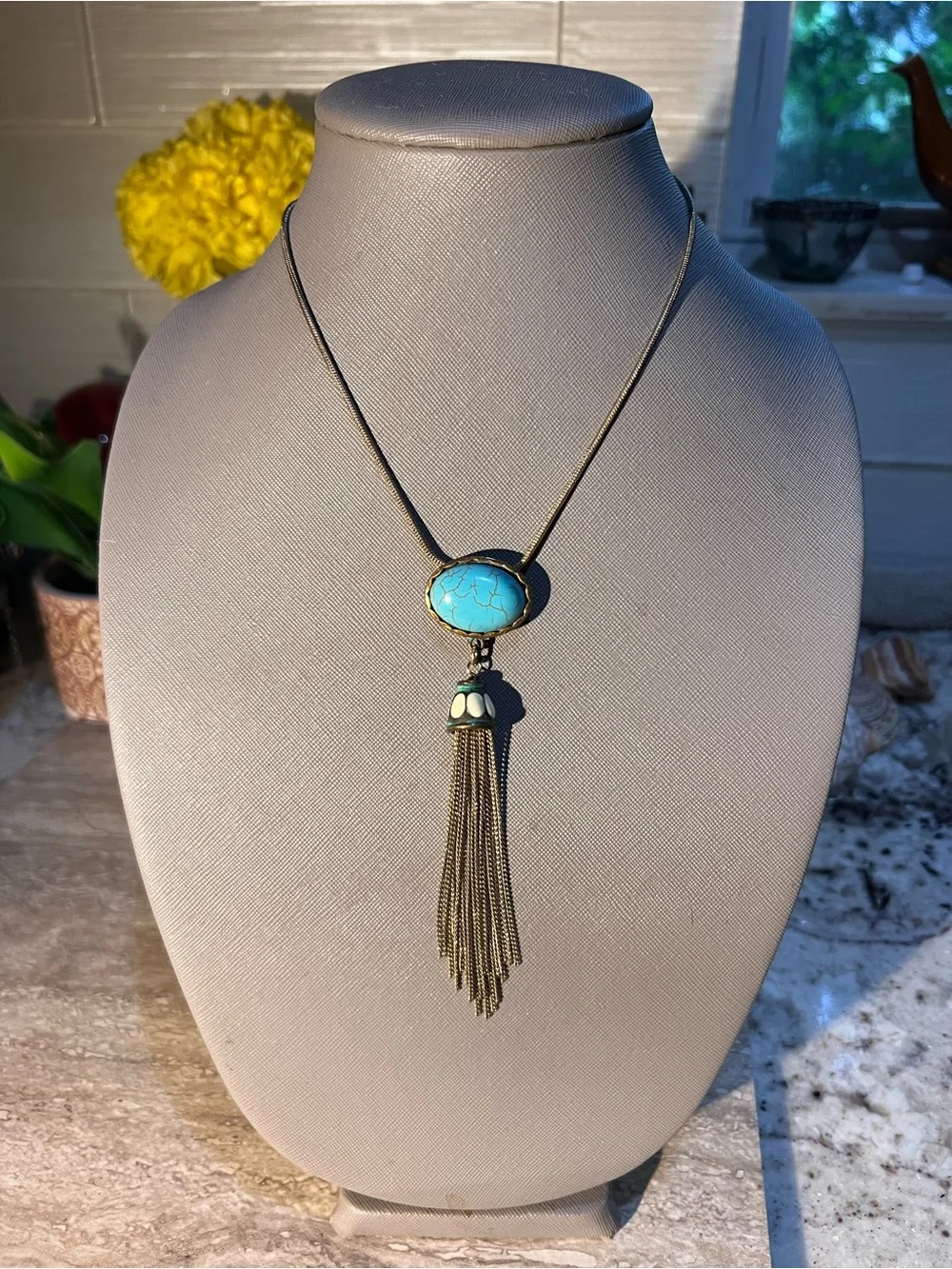 Boho Vintage Turquoise Stone Tassel Pendant Necklace -very cool